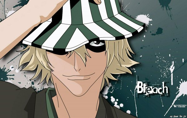 Anime picture 1200x758 with bleach studio pierrot urahara kisuke simple background blonde hair green eyes japanese clothes light smile inscription striped hat over eyes hat kimono