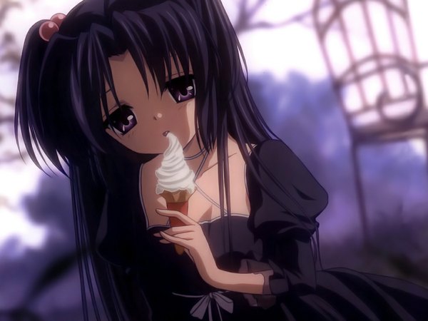 Anime picture 1024x768 with clannad key (studio) ichinose kotomi single long hair looking at viewer open mouth black hair purple eyes girl dress food sweets ice cream