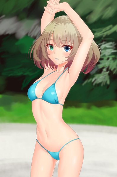Anime picture 1316x1995 with idolmaster idolmaster cinderella girls takagaki kaede taka (takahirokun) single tall image looking at viewer blush fringe short hair breasts light erotic brown hair standing bare shoulders outdoors parted lips blurry mole arms up