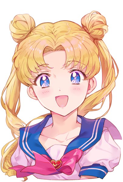 Anime picture 700x1036 with bishoujo senshi sailor moon toei animation tsukino usagi inzup single long hair tall image looking at viewer blush open mouth blue eyes simple background blonde hair white background twintails :d hair bun (hair buns) puffy sleeves portrait girl