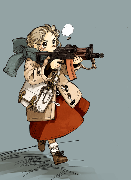 Anime picture 1165x1600 with original akai sashimi single tall image simple background blonde hair holding brown eyes grey background hair bun (hair buns) serious running girl skirt weapon scarf gun bag coat shoulder bag