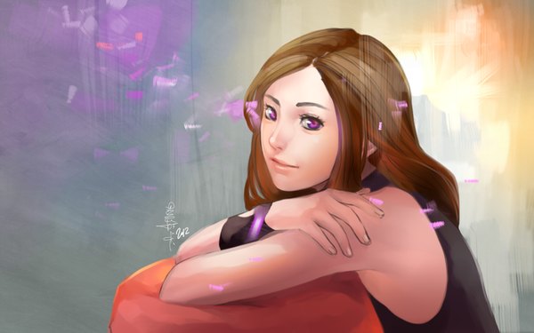 Anime picture 1280x800 with original saharaam (artist) single long hair looking at viewer simple background brown hair wide image purple eyes signed crossed arms girl petals wristlet