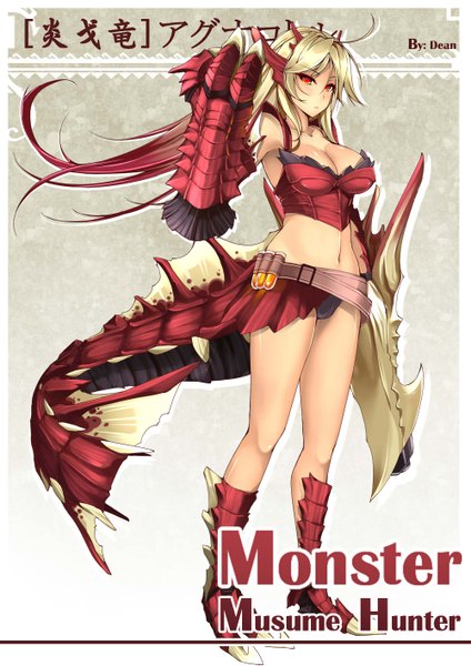 Anime picture 1000x1414 with monster hunter agnaktor dean single long hair tall image looking at viewer blush breasts light erotic red eyes large breasts tail multicolored hair two-tone hair midriff legs girl navel