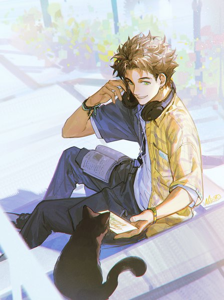 Anime picture 1490x2000 with fire emblem fire emblem: three houses nintendo claude von riegan alzi xiaomi single tall image looking at viewer short hair open mouth smile brown hair sitting green eyes signed :d from above open shirt alternate costume headphones around neck