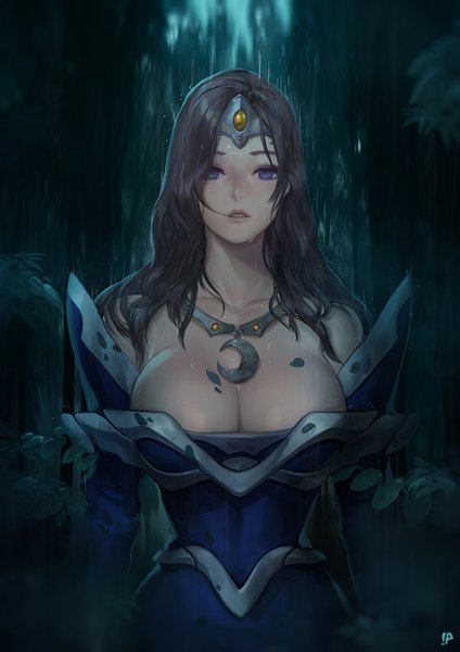 Anime picture 1060x1500 with dota 2 (game) mirana (dota 2) instant-ip single long hair tall image looking at viewer breasts open mouth light erotic brown hair purple eyes cleavage parted lips lips realistic wet huge breasts rain crescent