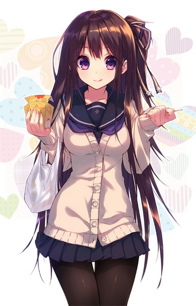 Anime picture 513x800 with original suisen single long hair tall image looking at viewer fringe breasts simple background brown hair standing purple eyes holding nail polish pleated skirt midriff side ponytail cute pink nail polish girl