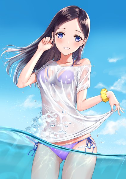 Anime picture 2500x3536 with original tooku0 single long hair tall image looking at viewer blush fringe highres breasts blue eyes light erotic smile brown hair standing sky cloud (clouds) off shoulder grin partially submerged