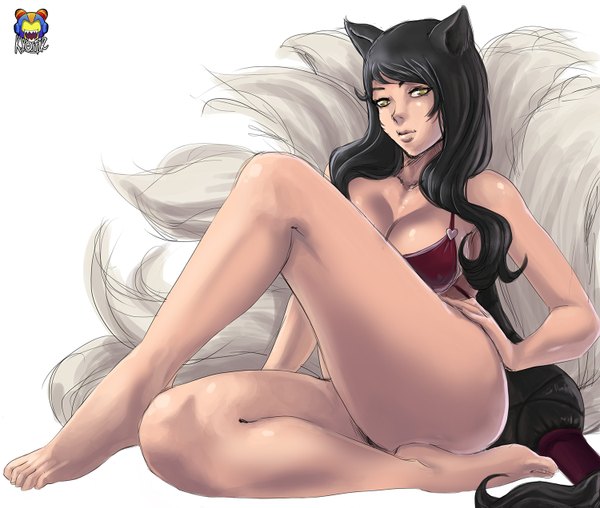 Anime picture 1500x1271 with league of legends ahri (league of legends) kyoffie12 single long hair looking at viewer breasts light erotic black hair simple background white background bare shoulders brown eyes animal ears tail animal tail legs fox ears fox tail fox girl