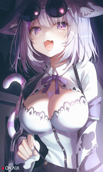 Anime picture 3000x5000 with virtual youtuber hololive nekomata okayu nekomata okayu (6th costume) misyune single tall image looking at viewer highres short hair breasts open mouth light erotic purple eyes animal ears cleavage purple hair tail :d animal tail