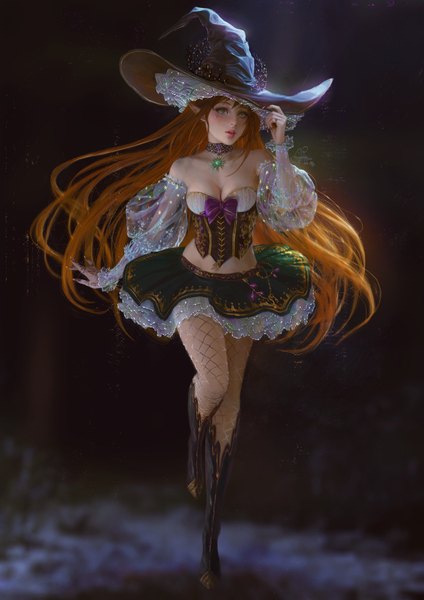 Anime picture 1191x1684 with original ina wong single long hair tall image looking at viewer breasts standing green eyes signed full body red hair parted lips fingernails pointy ears blurry standing on one leg long fingernails adjusting hat borrowed character