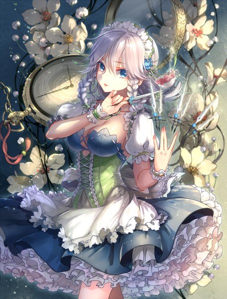 Anime picture 1000x1315 with touhou izayoi sakuya kieta single tall image looking at viewer short hair blue eyes white hair braid (braids) maid twin braids girl dress flower (flowers) frills headdress maid headdress clock knife