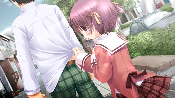 Anime picture 1024x576 with sanarara r nekoneko soft blush short hair wide image purple eyes holding game cg purple hair girl boy skirt uniform ribbon (ribbons) hair ribbon school uniform miniskirt shirt