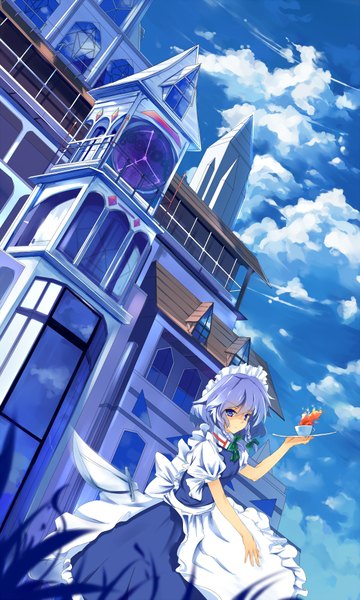 Anime picture 1200x2000 with touhou izayoi sakuya baisi shaonian single tall image looking at viewer short hair blue eyes silver hair cloud (clouds) braid (braids) maid twin braids girl dress bow weapon plant (plants) headdress maid headdress