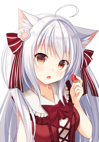 Anime picture 600x852 with original sumikko no aria single tall image looking at viewer open mouth red eyes white background animal ears cat ears cat girl girl dress ribbon (ribbons) hair ribbon food berry (berries) strawberry