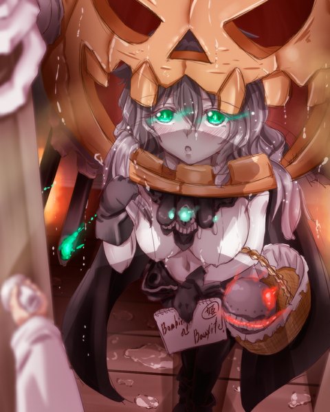 Anime picture 880x1100 with kantai collection wo-class aircraft carrier tsukineko single long hair tall image looking at viewer blush green eyes grey hair teeth wet halloween pale skin shinkaisei-kan trick or treat girl gloves black gloves cape