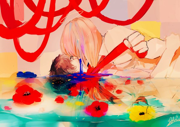 Anime picture 1182x832 with original maydell long hair short hair brown hair signed pink hair lying kiss girl boy flower (flowers) ribbon (ribbons) petals water halo paint