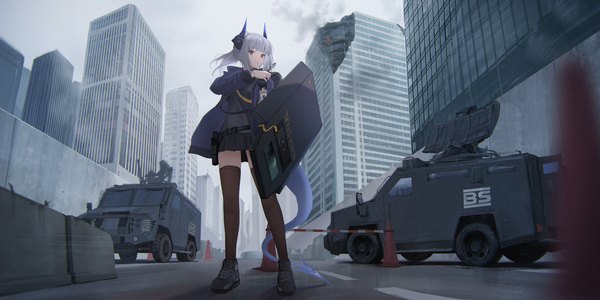 Anime picture 3750x1875 with arknights liskarm (arknights) sthk single long hair looking at viewer fringe highres wide image standing holding brown eyes payot full body outdoors ponytail blunt bangs from below zettai ryouiki destruction