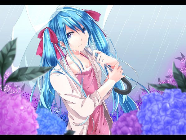 Anime picture 1200x900 with vocaloid hatsune miku single long hair twintails cleavage aqua eyes aqua hair rain girl dress flower (flowers) umbrella sweater sundress hydrangea
