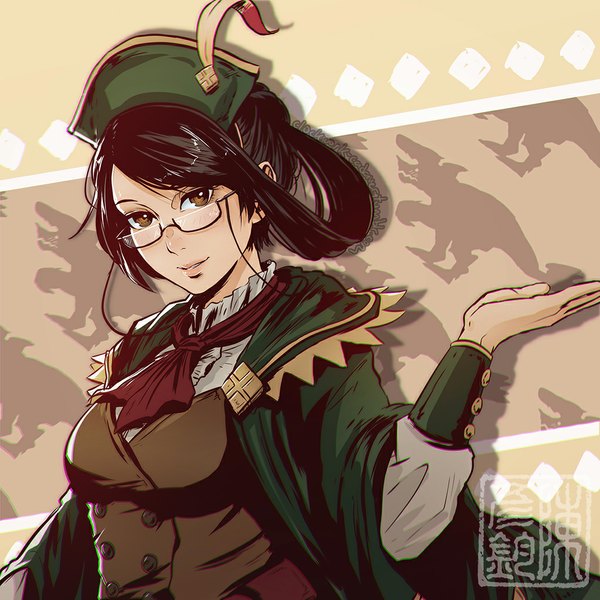 Anime picture 1024x1024 with monster hunter monster hunter 4 receptionist (monster hunter) koyoriin single long hair looking at viewer fringe black hair smile brown eyes outstretched arm girl hat glasses cape