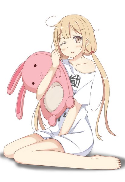 Anime picture 963x1400 with idolmaster idolmaster cinderella girls futaba anzu keikei (kitty colors) single long hair tall image looking at viewer blush fringe open mouth simple background blonde hair white background sitting twintails brown eyes payot barefoot low twintails
