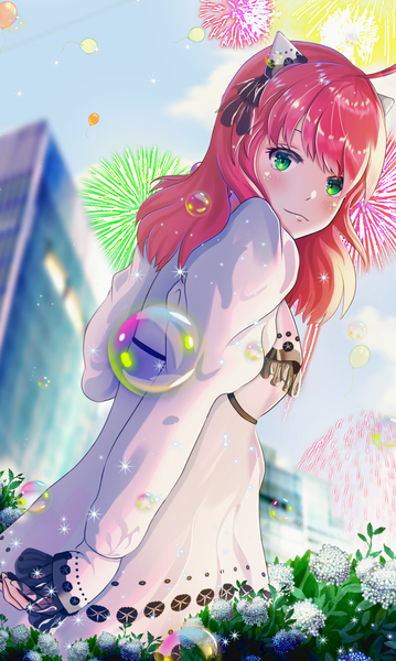Anime picture 1224x2046 with spy x family anya (spy x family) kristi palmer31 single long hair tall image looking at viewer blush fringe standing green eyes pink hair sky cloud (clouds) outdoors long sleeves looking back blurry sparkle alternate age