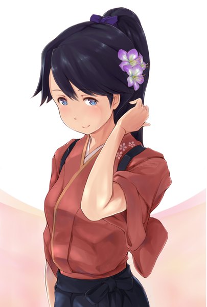 Anime picture 1181x1748 with kantai collection houshou light aircraft carrier wa (genryusui) single long hair tall image blush blue eyes black hair smile ponytail traditional clothes japanese clothes hair flower adjusting hair girl hair ornament flower (flowers) hakama