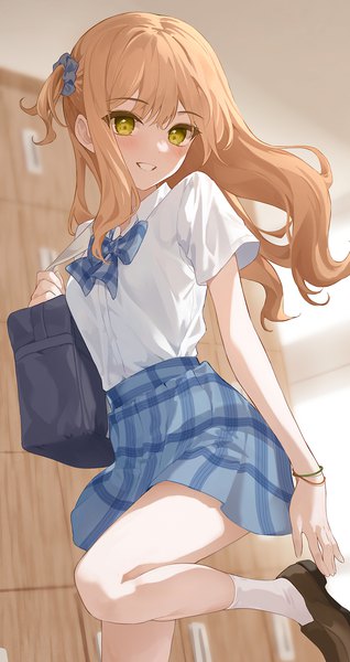 Anime picture 1200x2262 with original connie (keean2019) single long hair tall image looking at viewer blush fringe smile brown hair standing yellow eyes indoors blunt bangs short sleeves one side up grin floating hair plaid skirt standing on one leg