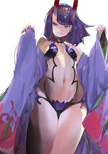 Anime picture 1100x1555 with fate (series) fate/grand order shuten douji (fate) kiriyama single tall image fringe short hair breasts light erotic standing white background purple eyes looking away purple hair blunt bangs horn (horns) wide sleeves from below eyeshadow