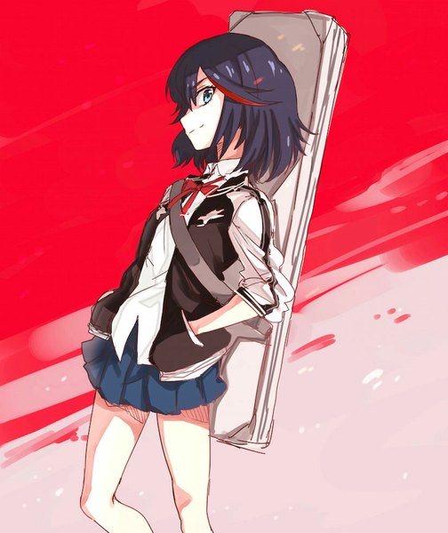 Anime picture 827x984 with kill la kill studio trigger matoi ryuuko puma (hyuma1219) single tall image looking at viewer fringe short hair blue eyes black hair smile red hair multicolored hair streaked hair frilly skirt girl skirt uniform school uniform