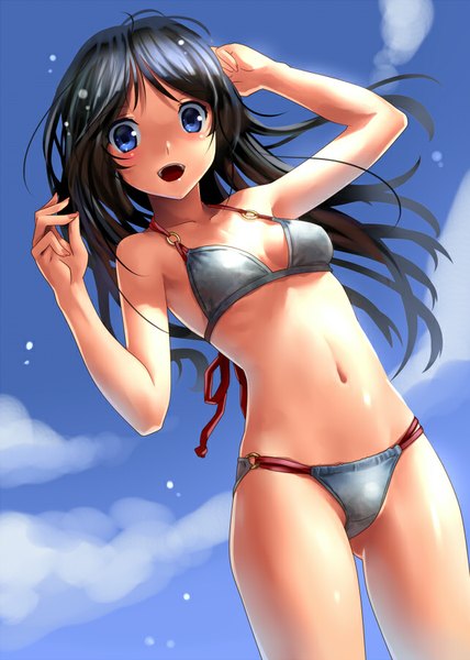 Anime picture 642x900 with original katahira masashi single long hair tall image looking at viewer blush breasts open mouth blue eyes light erotic black hair bare shoulders sky cloud (clouds) sunlight bare belly shiny skin girl navel