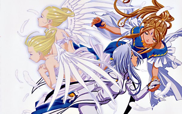 Anime picture 2560x1600 with aa megami-sama anime international company belldandy lind cool mint spear mint matsubara hidenori long hair fringe highres blue eyes blonde hair simple background brown hair white background bare shoulders multiple girls holding silver hair ponytail
