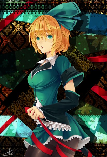 Anime picture 2031x2952 with vocaloid kagamine rin liuli (llc) single tall image highres short hair blonde hair green eyes girl bow ribbon (ribbons) hair bow detached sleeves