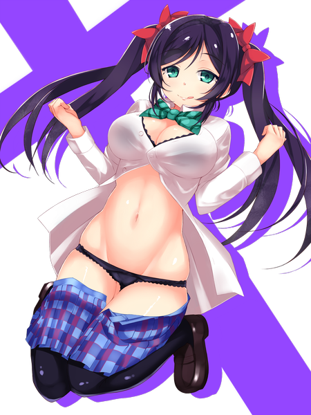 Anime picture 1500x2000 with love live! school idol project sunrise (studio) love live! toujou nozomi ponkotsu (ayarosu) single long hair tall image breasts blue eyes light erotic large breasts twintails purple hair open clothes open shirt transparent background girl thighhighs navel