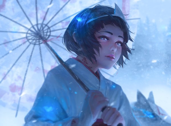 Anime picture 1200x887 with noragami studio bones nora (noragami) guweiz single looking at viewer blush fringe short hair blue eyes black hair holding animal ears payot upper body blunt bangs traditional clothes parted lips japanese clothes wind