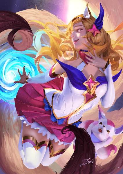 Anime picture 2481x3508 with league of legends ahri (league of legends) star guardian ahri zumi (zumidraws) single long hair tall image fringe highres open mouth blonde hair signed animal ears looking away tail nail polish animal tail profile pleated skirt pink eyes