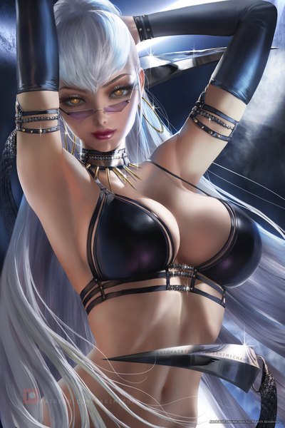 Anime picture 2533x3800 with league of legends k/da (league of legends) evelynn (league of legends) the baddest evelynn sakimichan single long hair tall image looking at viewer fringe highres breasts light erotic large breasts brown eyes silver hair upper body ponytail head tilt realistic