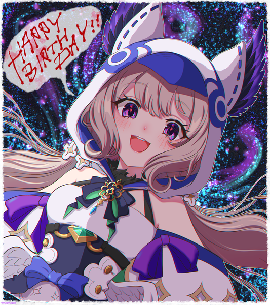 Anime picture 1920x2160 with virtual youtuber nijisanji nijisanji en enna alouette enna alouette (1st costume) mugimugigo single long hair tall image looking at viewer blush highres open mouth brown hair purple eyes twintails :d dutch angle low twintails happy birthday