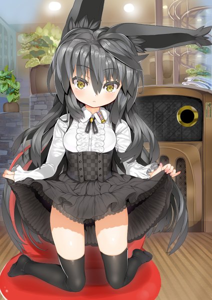 Anime picture 1046x1480 with original char single tall image looking at viewer blush black hair animal ears yellow eyes very long hair dress lift girl thighhighs dress black thighhighs