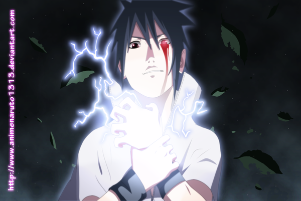 Anime picture 1100x736 with naruto studio pierrot naruto (series) uchiha sasuke ifeergirl single looking at viewer short hair black hair heterochromia coloring dark background lightning boy leaf (leaves) blood