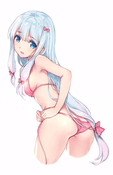 Anime picture 1072x1654 with eromanga sensei a-1 pictures izumi sagiri kamon (shinshin) single long hair tall image looking at viewer fringe open mouth blue eyes light erotic standing white background silver hair ass looking back from behind :o leaning