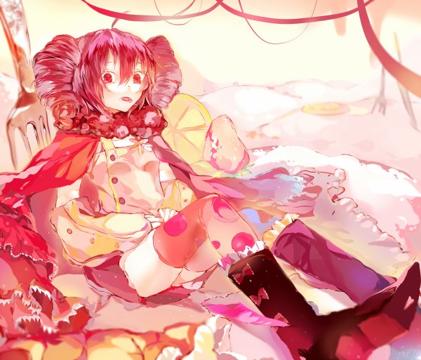 Anime picture 1200x1026 with mahou shoujo madoka magica shaft (studio) charlotte (madoka magica) kumata (pinggai) single long hair open mouth red eyes red hair drill hair girl thighhighs skirt bow miniskirt food boots scarf berry (berries) strawberry