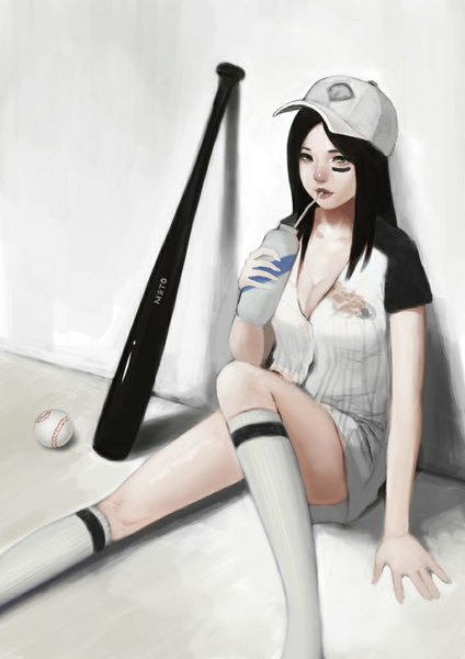 Anime picture 707x1000 with original meto31 single long hair tall image looking at viewer black hair sitting cleavage grey eyes face paint against wall drinking girl socks knee socks drink flat cap wall baseball bat