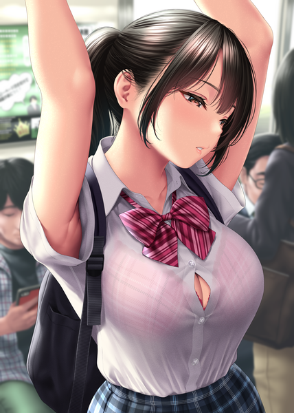 Anime picture 2976x4175 with original kase daiki long hair tall image blush fringe highres breasts light erotic black hair large breasts standing brown eyes payot looking away ponytail indoors arms up short sleeves depth of field