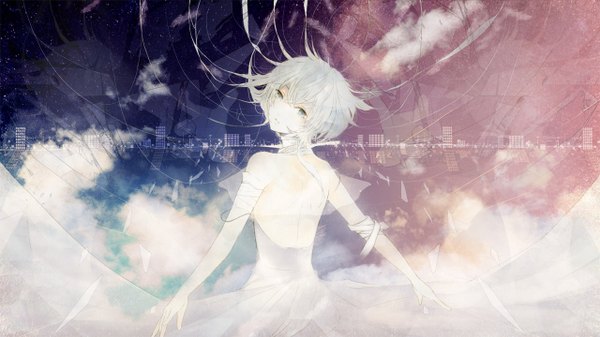 Anime picture 1280x720 with vocaloid gumi penchop single looking at viewer fringe short hair wide image silver hair grey eyes alternate costume city alternate color girl bandage (bandages)