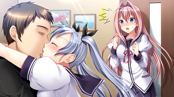 Anime picture 1024x576 with papa love (game) kizaki ayame long hair blush open mouth blue eyes wide image twintails multiple girls pink hair game cg eyes closed grey hair kiss girl boy uniform 2 girls school uniform