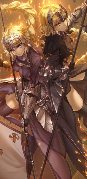 Anime-Bild 800x1637 mit fate (series) fate/grand order fate/apocrypha jeanne d'arc (fate) (all) jeanne d'arc alter (fate) jeanne d'arc (fate) bbbox (hotpppink) long hair tall image looking at viewer fringe breasts blonde hair hair between eyes purple eyes multiple girls holding yellow eyes braid (braids) very long hair
