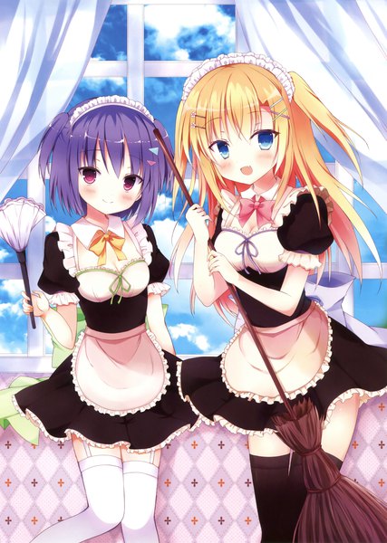 Anime picture 2489x3500 with original kiyui long hair tall image looking at viewer blush highres short hair open mouth blue eyes blonde hair purple eyes multiple girls blue hair scan official art maid girl thighhighs uniform