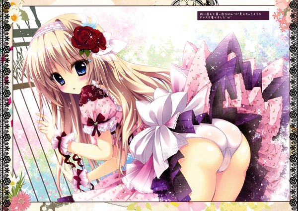 Anime picture 4948x3500 with prismatic world (artbook) shiramori yuse single long hair looking at viewer blush highres blue eyes light erotic blonde hair absurdres ass hair flower scan cameltoe girl dress hair ornament underwear panties