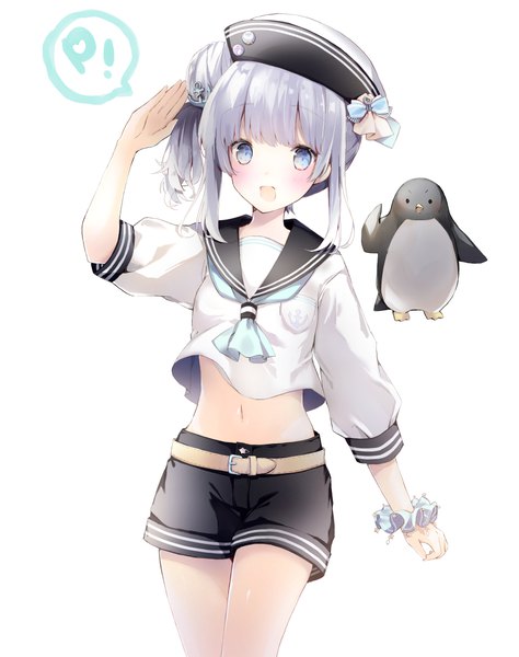 Anime picture 842x1065 with original suzumori uina single long hair tall image looking at viewer blush open mouth blue eyes simple background white background payot silver hair midriff side ponytail wrist scrunchie girl hat animal shorts