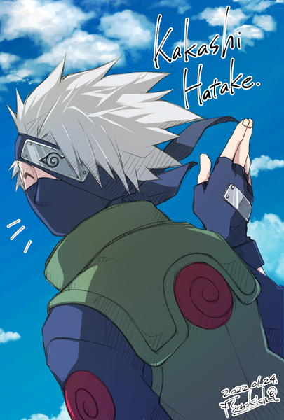 Anime picture 1378x2039 with naruto studio pierrot naruto (series) hatake kakashi sono kichi single tall image short hair signed sky silver hair cloud (clouds) upper body eyes closed character names turning head dated ^ ^ boy gloves